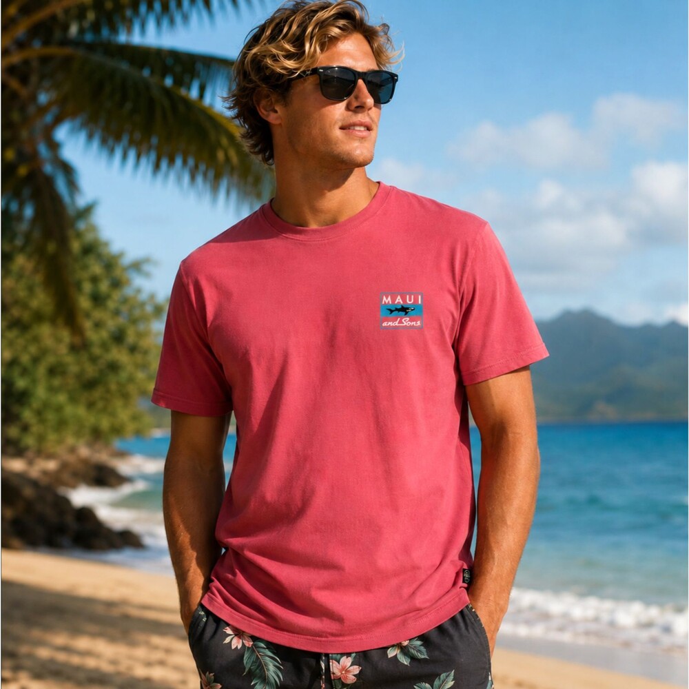 Maui and Sons Graphic Shirt Men’s Medium Shark Pink Coral Logo Cotton Surf Skate